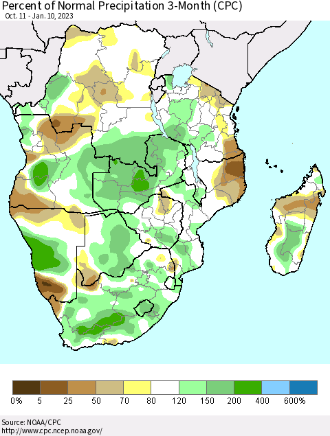 Southern Africa Percent of Normal Precipitation 3-Month (CPC) Thematic Map For 10/11/2022 - 1/10/2023
