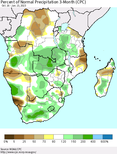 Southern Africa Percent of Normal Precipitation 3-Month (CPC) Thematic Map For 10/16/2022 - 1/15/2023