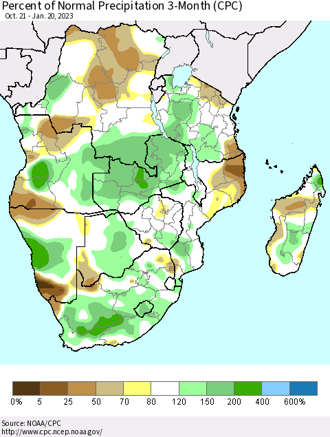 Southern Africa Percent of Normal Precipitation 3-Month (CPC) Thematic Map For 10/21/2022 - 1/20/2023