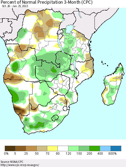 Southern Africa Percent of Normal Precipitation 3-Month (CPC) Thematic Map For 10/26/2022 - 1/25/2023