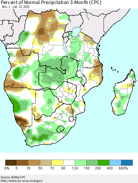 Southern Africa Percent of Normal Precipitation 3-Month (CPC) Thematic Map For 11/1/2022 - 1/31/2023