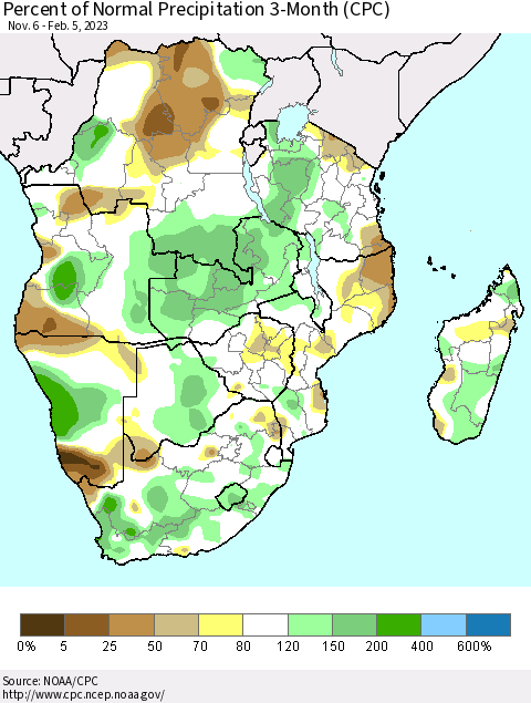 Southern Africa Percent of Normal Precipitation 3-Month (CPC) Thematic Map For 11/6/2022 - 2/5/2023