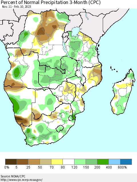 Southern Africa Percent of Normal Precipitation 3-Month (CPC) Thematic Map For 11/11/2022 - 2/10/2023