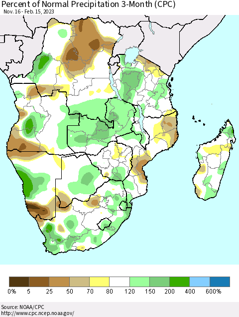 Southern Africa Percent of Normal Precipitation 3-Month (CPC) Thematic Map For 11/16/2022 - 2/15/2023