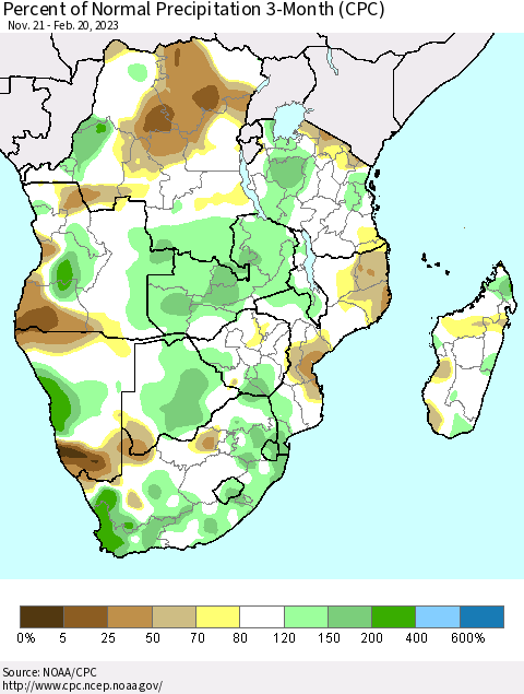 Southern Africa Percent of Normal Precipitation 3-Month (CPC) Thematic Map For 11/21/2022 - 2/20/2023