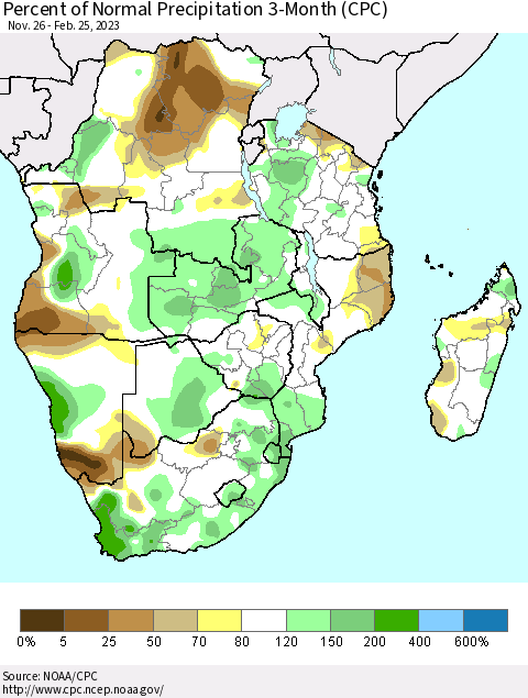 Southern Africa Percent of Normal Precipitation 3-Month (CPC) Thematic Map For 11/26/2022 - 2/25/2023