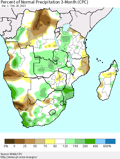Southern Africa Percent of Normal Precipitation 3-Month (CPC) Thematic Map For 12/1/2022 - 2/28/2023