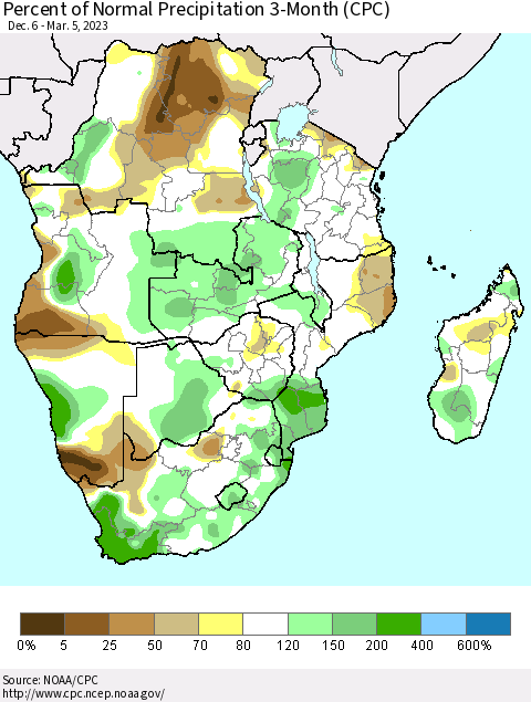 Southern Africa Percent of Normal Precipitation 3-Month (CPC) Thematic Map For 12/6/2022 - 3/5/2023