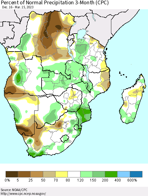 Southern Africa Percent of Normal Precipitation 3-Month (CPC) Thematic Map For 12/16/2022 - 3/15/2023
