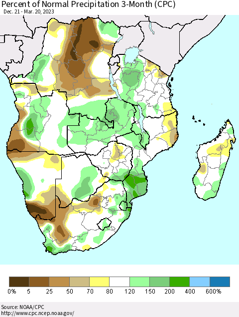 Southern Africa Percent of Normal Precipitation 3-Month (CPC) Thematic Map For 12/21/2022 - 3/20/2023
