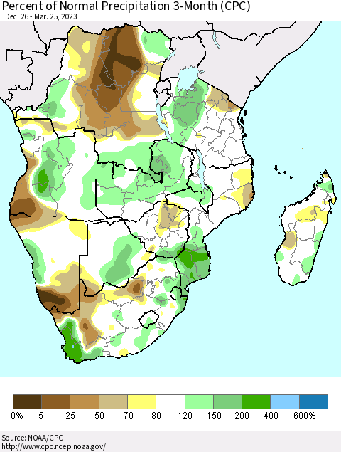 Southern Africa Percent of Normal Precipitation 3-Month (CPC) Thematic Map For 12/26/2022 - 3/25/2023