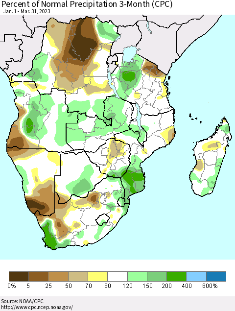 Southern Africa Percent of Normal Precipitation 3-Month (CPC) Thematic Map For 1/1/2023 - 3/31/2023