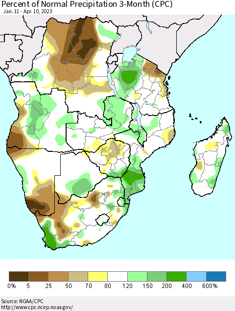 Southern Africa Percent of Normal Precipitation 3-Month (CPC) Thematic Map For 1/11/2023 - 4/10/2023