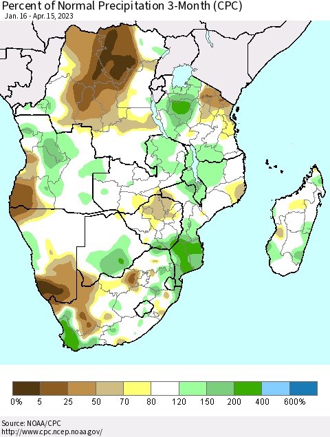 Southern Africa Percent of Normal Precipitation 3-Month (CPC) Thematic Map For 1/16/2023 - 4/15/2023