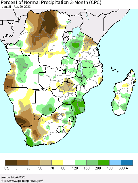 Southern Africa Percent of Normal Precipitation 3-Month (CPC) Thematic Map For 1/21/2023 - 4/20/2023