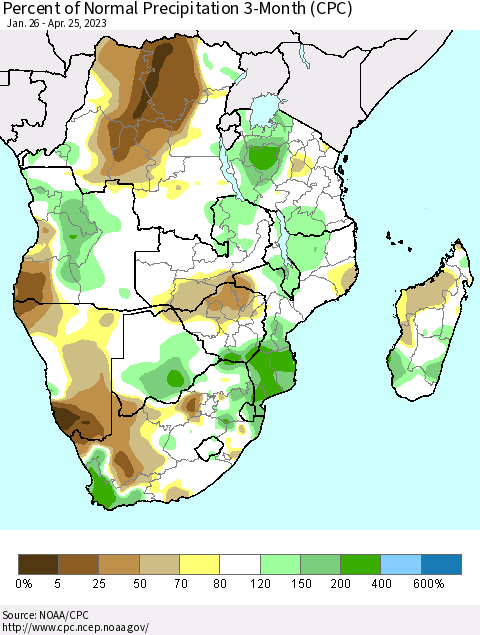 Southern Africa Percent of Normal Precipitation 3-Month (CPC) Thematic Map For 1/26/2023 - 4/25/2023