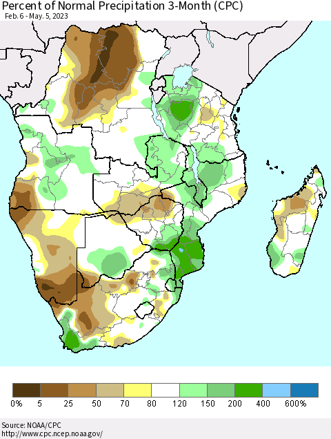 Southern Africa Percent of Normal Precipitation 3-Month (CPC) Thematic Map For 2/6/2023 - 5/5/2023