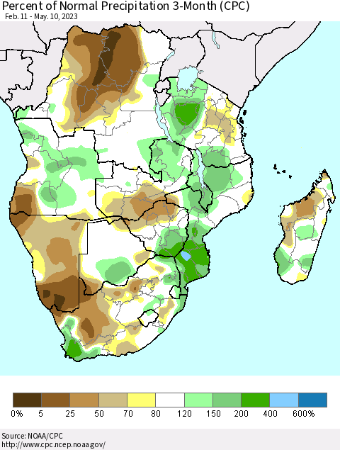 Southern Africa Percent of Normal Precipitation 3-Month (CPC) Thematic Map For 2/11/2023 - 5/10/2023