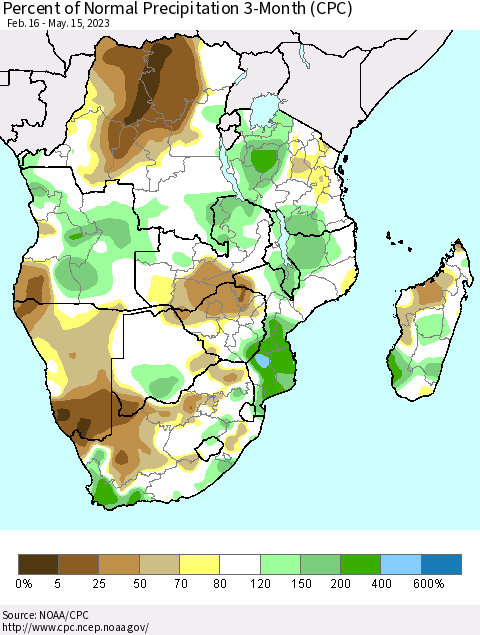 Southern Africa Percent of Normal Precipitation 3-Month (CPC) Thematic Map For 2/16/2023 - 5/15/2023