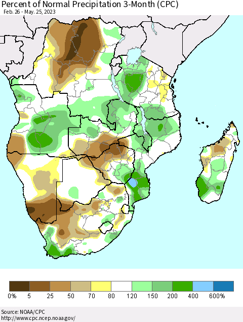 Southern Africa Percent of Normal Precipitation 3-Month (CPC) Thematic Map For 2/26/2023 - 5/25/2023