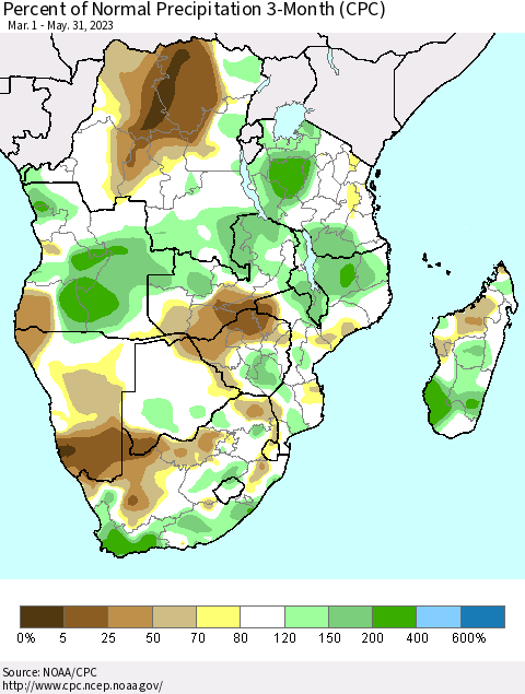 Southern Africa Percent of Normal Precipitation 3-Month (CPC) Thematic Map For 3/1/2023 - 5/31/2023