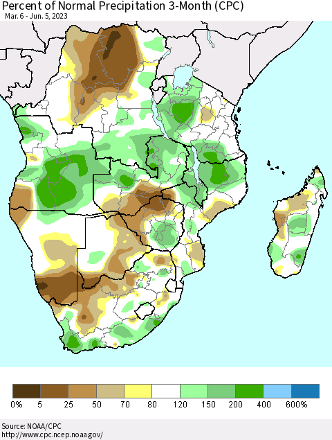 Southern Africa Percent of Normal Precipitation 3-Month (CPC) Thematic Map For 3/6/2023 - 6/5/2023