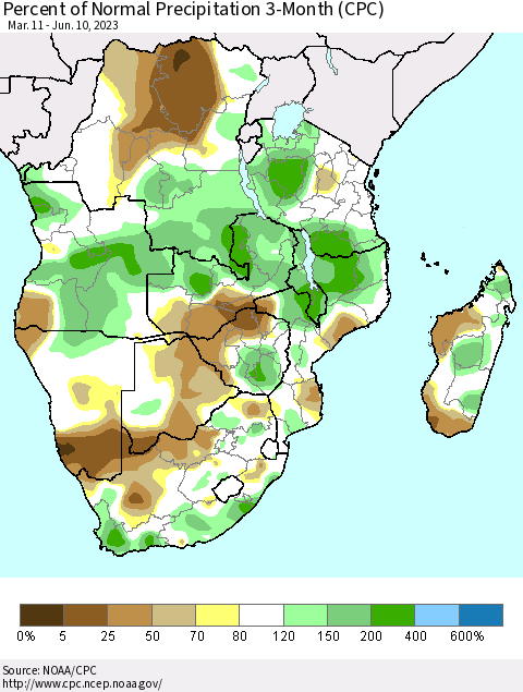 Southern Africa Percent of Normal Precipitation 3-Month (CPC) Thematic Map For 3/11/2023 - 6/10/2023