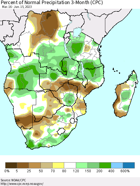 Southern Africa Percent of Normal Precipitation 3-Month (CPC) Thematic Map For 3/16/2023 - 6/15/2023