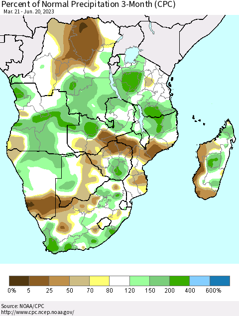 Southern Africa Percent of Normal Precipitation 3-Month (CPC) Thematic Map For 3/21/2023 - 6/20/2023