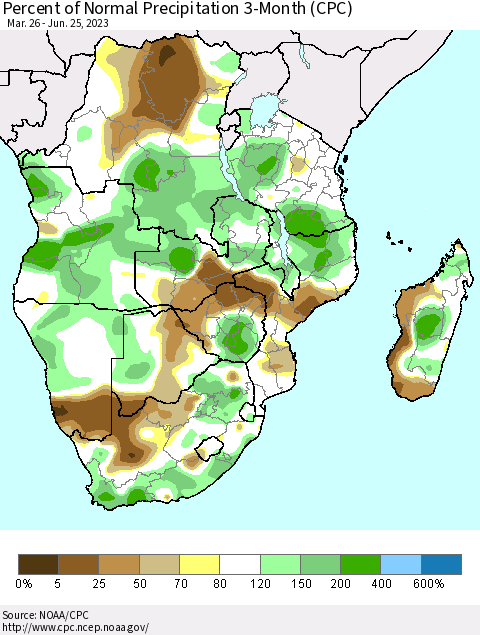 Southern Africa Percent of Normal Precipitation 3-Month (CPC) Thematic Map For 3/26/2023 - 6/25/2023