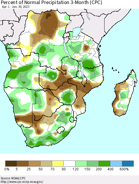 Southern Africa Percent of Normal Precipitation 3-Month (CPC) Thematic Map For 4/1/2023 - 6/30/2023