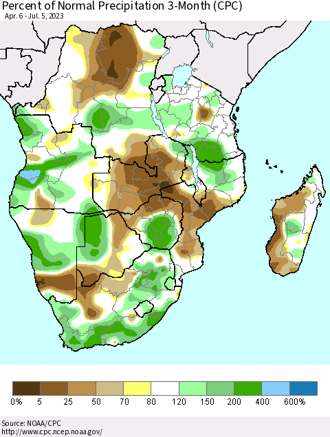 Southern Africa Percent of Normal Precipitation 3-Month (CPC) Thematic Map For 4/6/2023 - 7/5/2023
