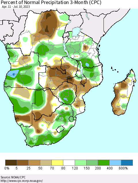 Southern Africa Percent of Normal Precipitation 3-Month (CPC) Thematic Map For 4/11/2023 - 7/10/2023