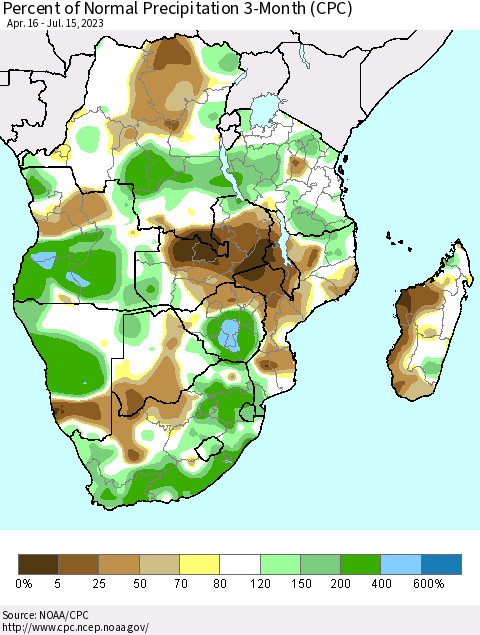 Southern Africa Percent of Normal Precipitation 3-Month (CPC) Thematic Map For 4/16/2023 - 7/15/2023