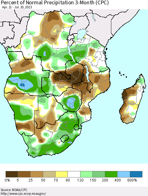 Southern Africa Percent of Normal Precipitation 3-Month (CPC) Thematic Map For 4/21/2023 - 7/20/2023