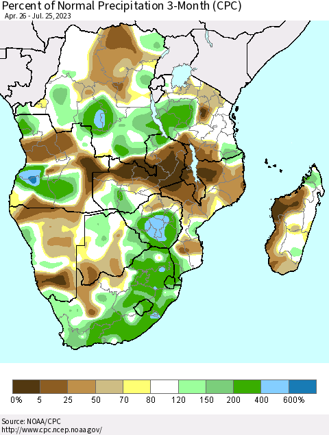 Southern Africa Percent of Normal Precipitation 3-Month (CPC) Thematic Map For 4/26/2023 - 7/25/2023