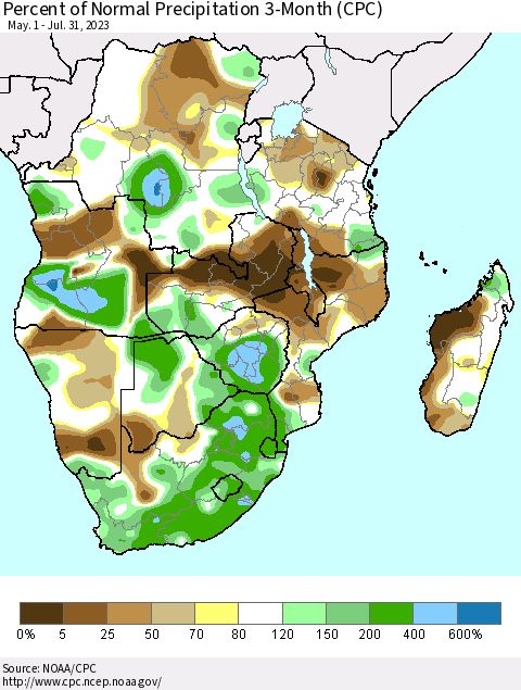 Southern Africa Percent of Normal Precipitation 3-Month (CPC) Thematic Map For 5/1/2023 - 7/31/2023