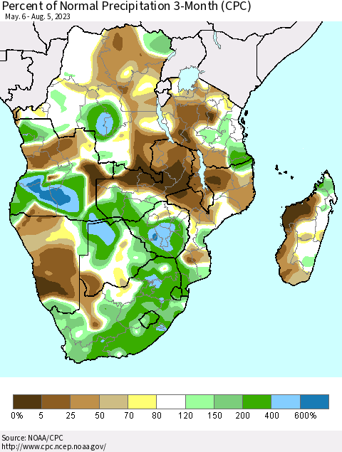 Southern Africa Percent of Normal Precipitation 3-Month (CPC) Thematic Map For 5/6/2023 - 8/5/2023