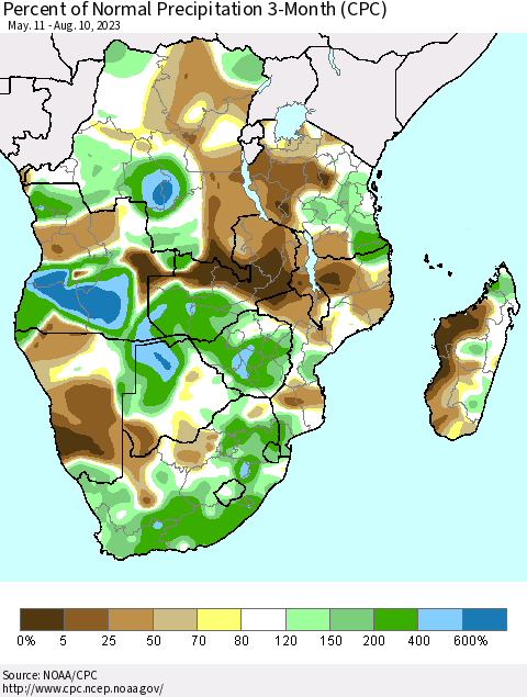 Southern Africa Percent of Normal Precipitation 3-Month (CPC) Thematic Map For 5/11/2023 - 8/10/2023