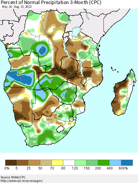 Southern Africa Percent of Normal Precipitation 3-Month (CPC) Thematic Map For 5/16/2023 - 8/15/2023
