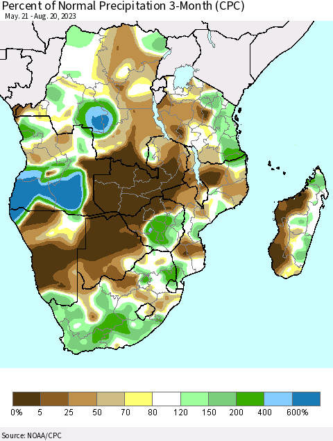 Southern Africa Percent of Normal Precipitation 3-Month (CPC) Thematic Map For 5/21/2023 - 8/20/2023