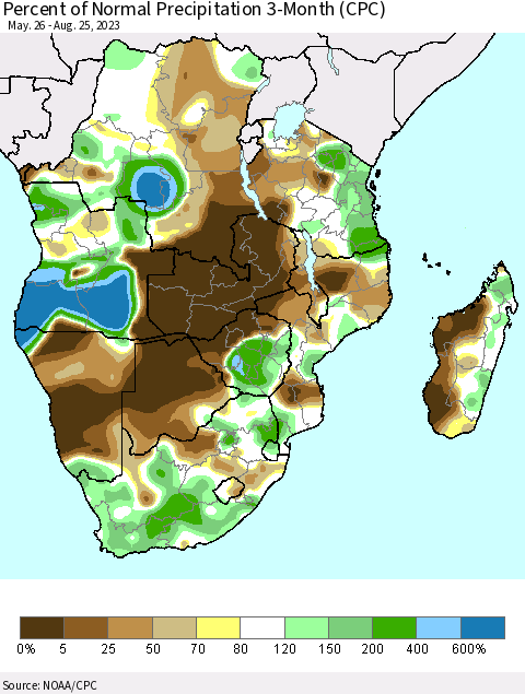 Southern Africa Percent of Normal Precipitation 3-Month (CPC) Thematic Map For 5/26/2023 - 8/25/2023