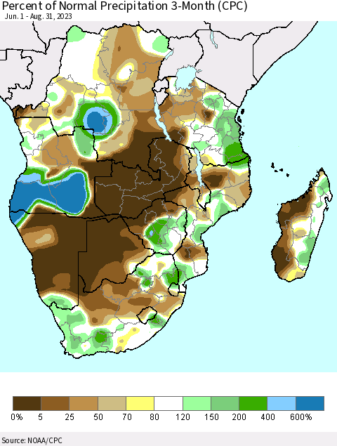 Southern Africa Percent of Normal Precipitation 3-Month (CPC) Thematic Map For 6/1/2023 - 8/31/2023