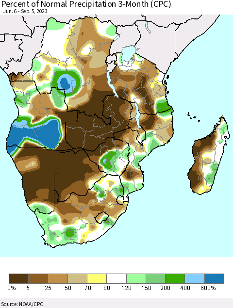 Southern Africa Percent of Normal Precipitation 3-Month (CPC) Thematic Map For 6/6/2023 - 9/5/2023