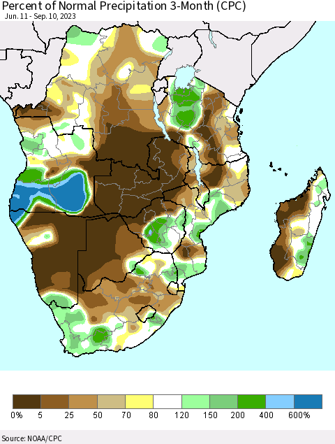 Southern Africa Percent of Normal Precipitation 3-Month (CPC) Thematic Map For 6/11/2023 - 9/10/2023