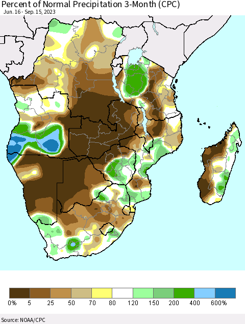 Southern Africa Percent of Normal Precipitation 3-Month (CPC) Thematic Map For 6/16/2023 - 9/15/2023