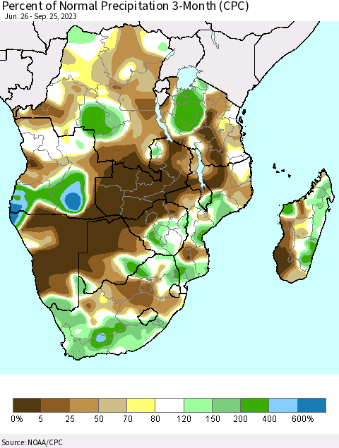 Southern Africa Percent of Normal Precipitation 3-Month (CPC) Thematic Map For 6/26/2023 - 9/25/2023