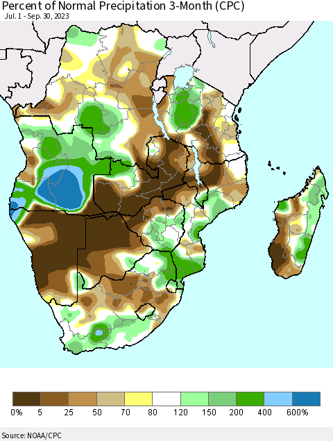 Southern Africa Percent of Normal Precipitation 3-Month (CPC) Thematic Map For 7/1/2023 - 9/30/2023