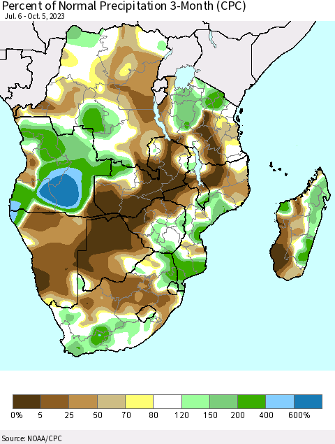 Southern Africa Percent of Normal Precipitation 3-Month (CPC) Thematic Map For 7/6/2023 - 10/5/2023