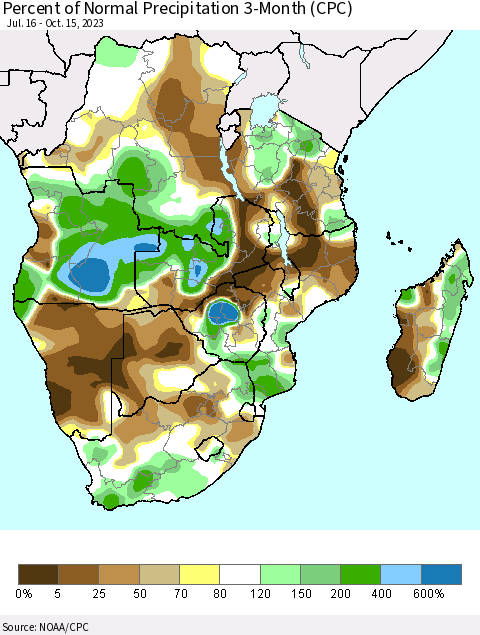 Southern Africa Percent of Normal Precipitation 3-Month (CPC) Thematic Map For 7/16/2023 - 10/15/2023